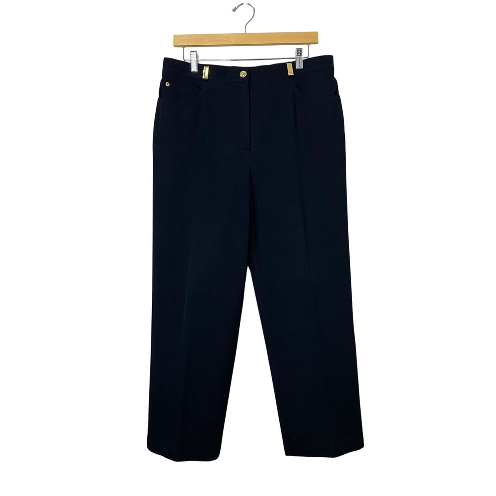 St. John Sport Marie Gray Navy Blue Cotton Blend Straight Leg Pants Gold Logo 12